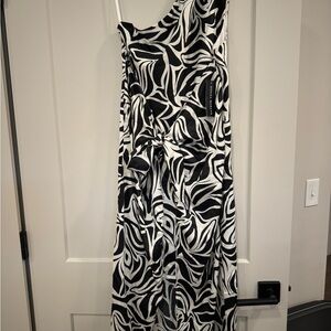 Donna Morgan Black and White One-Shoulder Dress